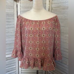 SANCTUARY Medallion Marrakech Coral Ruffle Blouse, 3/4 Flared Bell Sleeves SZ LG